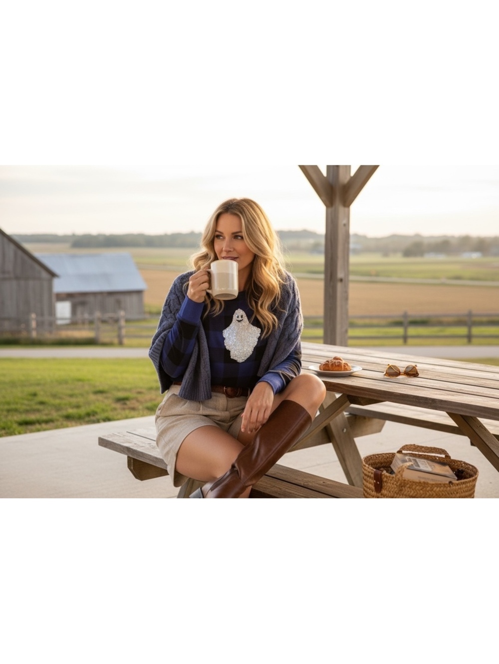 Quacker Factory XL Blue and Black Buffalo Plaid Ghost Sequin Sweater